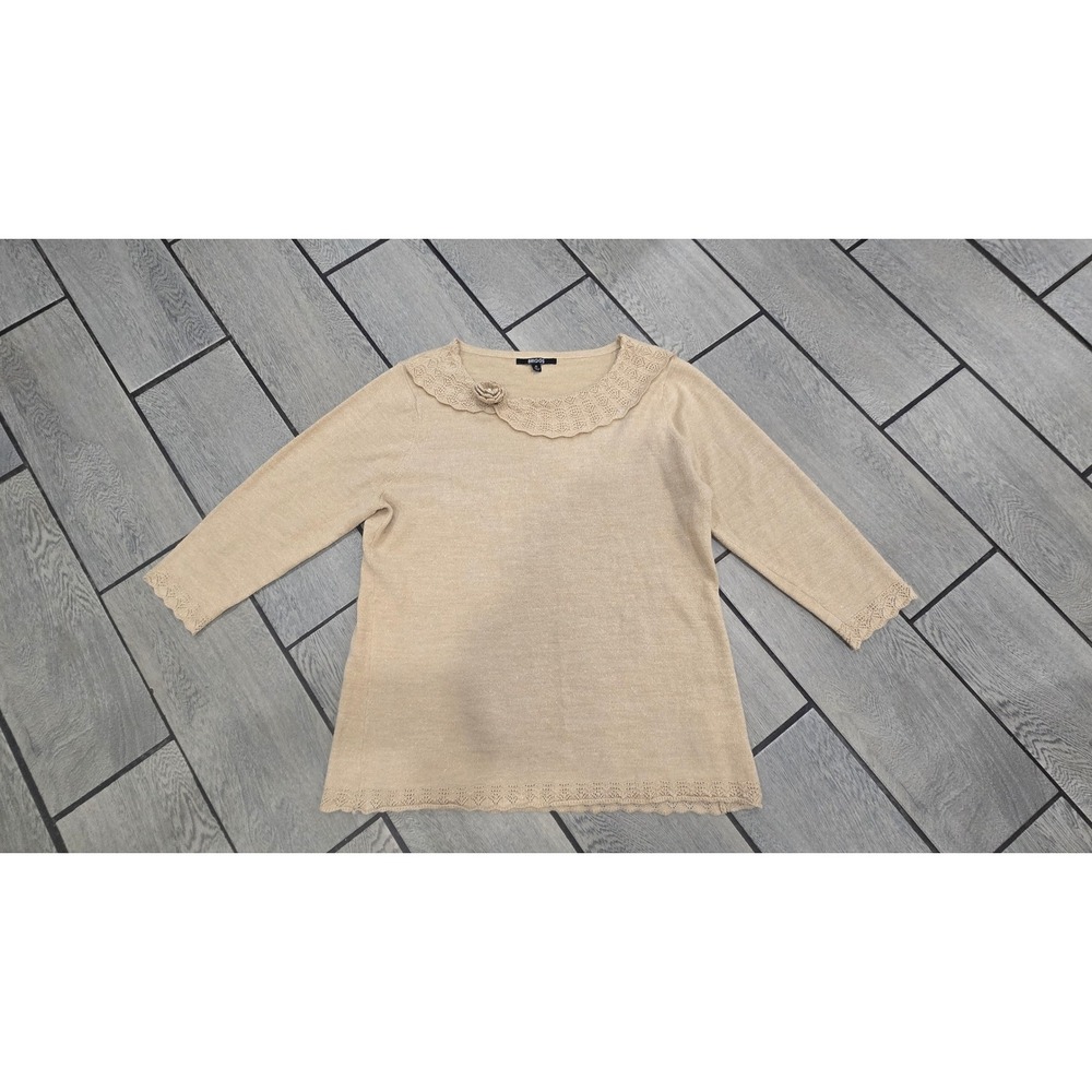 Briggs Metallic Gold Knit Sweater 3/4 Sleeve Lace Collar Flower Pearl XL
